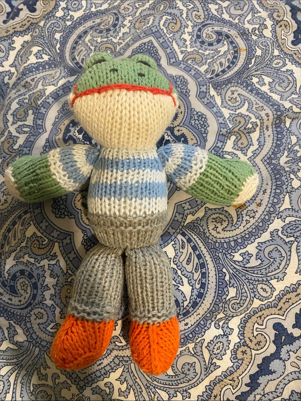 Handmade Knit Frog Plush - Green, Blue, Cream, Gray & Orange